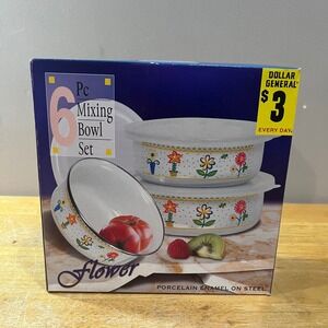 Vtg Dollar General Flower 6 Pc Mixing Bowl Set Porcelain Enamel on Steel New